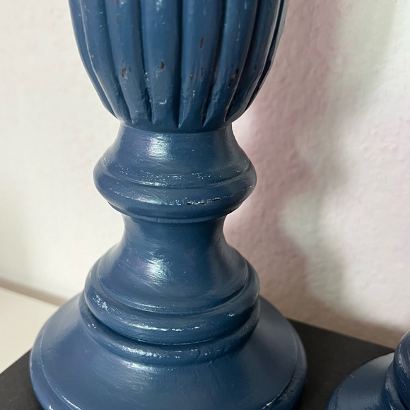 2 Blue Wooden Hand Painted Candle Holder Set Home Decor Rustic Modern Custom Mad - Picture 12 of 13